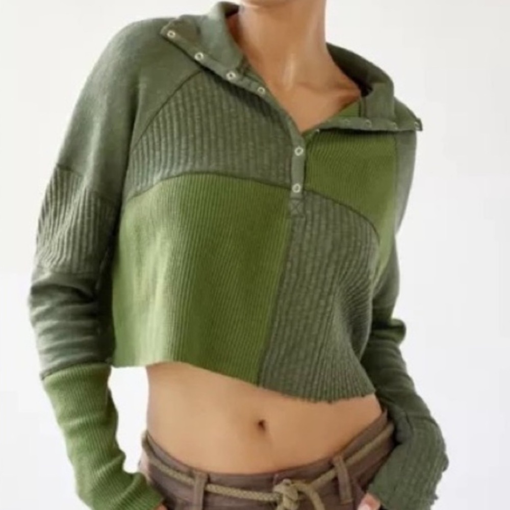 BDG Urban outfitters tabby thermal green long sleeve Henley top shirt size XS